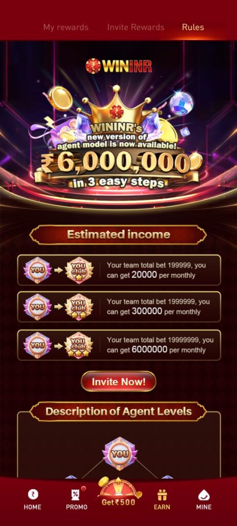 Wininr Game app gameplay screen showing color prediction and earning options